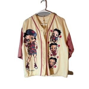 Betty Boop Cream Pink Short Sleeve Button Up Sweatshirt Large Vintage